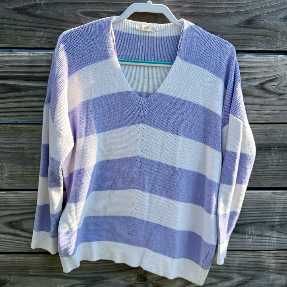 Reborn J Lavender White Striped Knit Sweater V Neck Oversized L